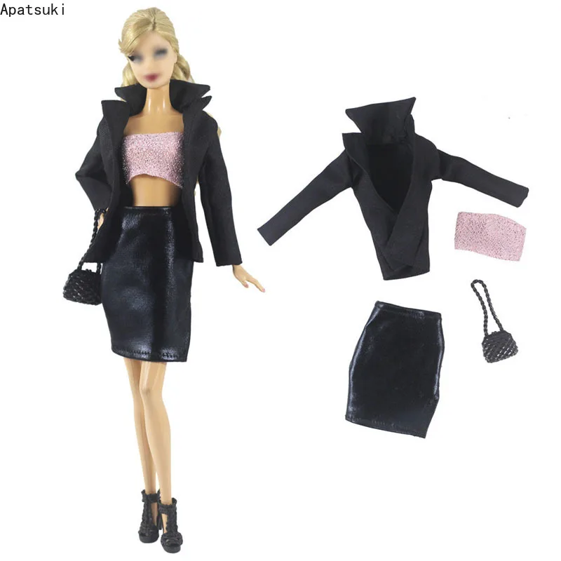1Set Preto Terno de Negócio Definido para a Boneca Barbie com Roupas da Moda Roupas Jaqueta de Mini-Saia cor-de-Rosa de Cima do Saco de 1/6 Acessórios Brinquedos