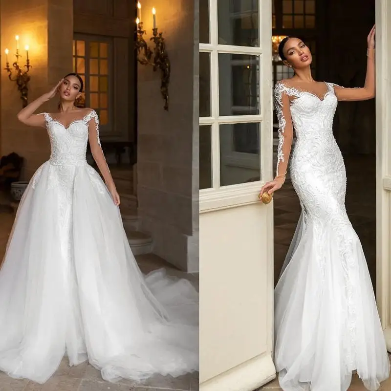 2023 Sexy Laço Branco Vestido De Noiva Sereia Overskirt Destacável De Noiva Vestidos De Trem Jóia Pescoço Hidro-Repelente Com Mangas Longas