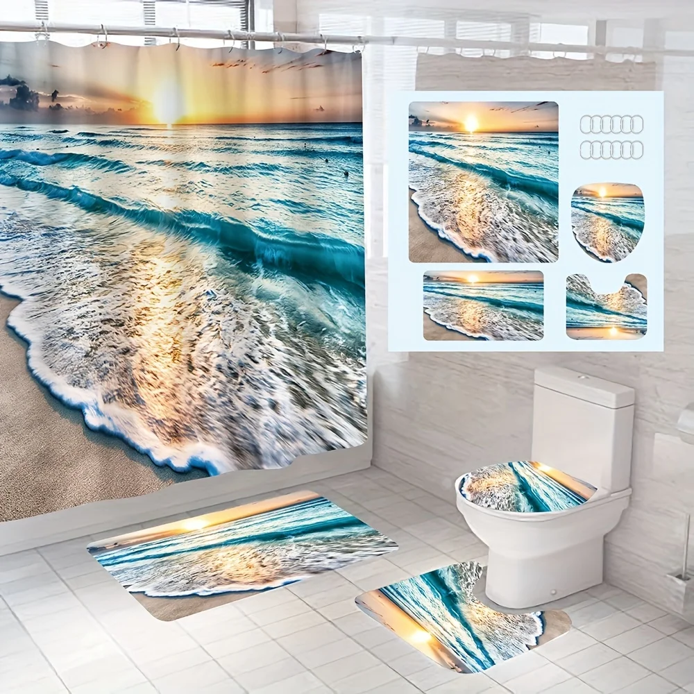 4PCS Praia Shell de Estrela-do-mar Estética Decoração Impermeável Cortina de Chuveiro antiderrapante, Tapete do Banheiro Wc Forma de 