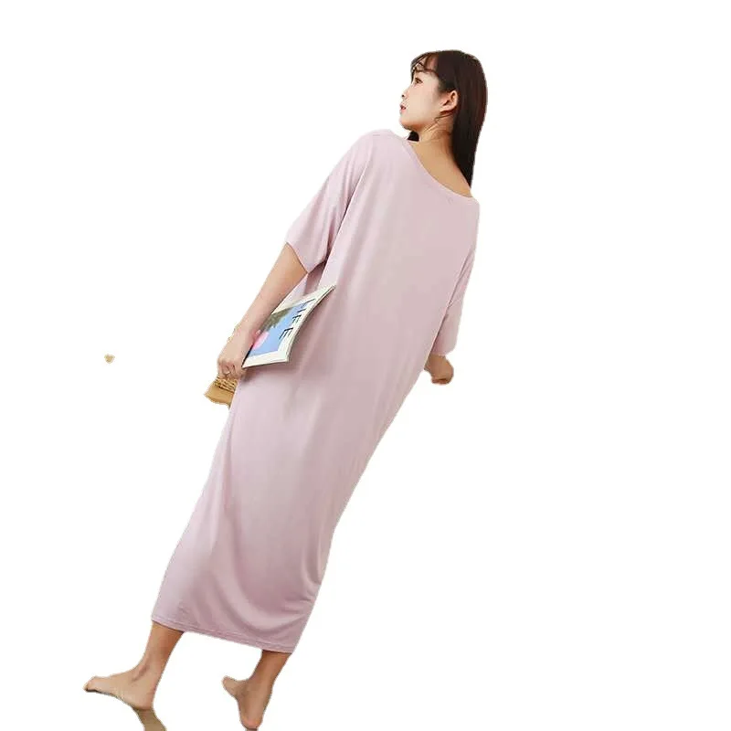 As Mulheres De Longo Modal Camisola Sexy V-Pescoço Sólido Nightdress De Manga Curta Solta Sleepshirt Saia De Verão, Sala De Home Vestir