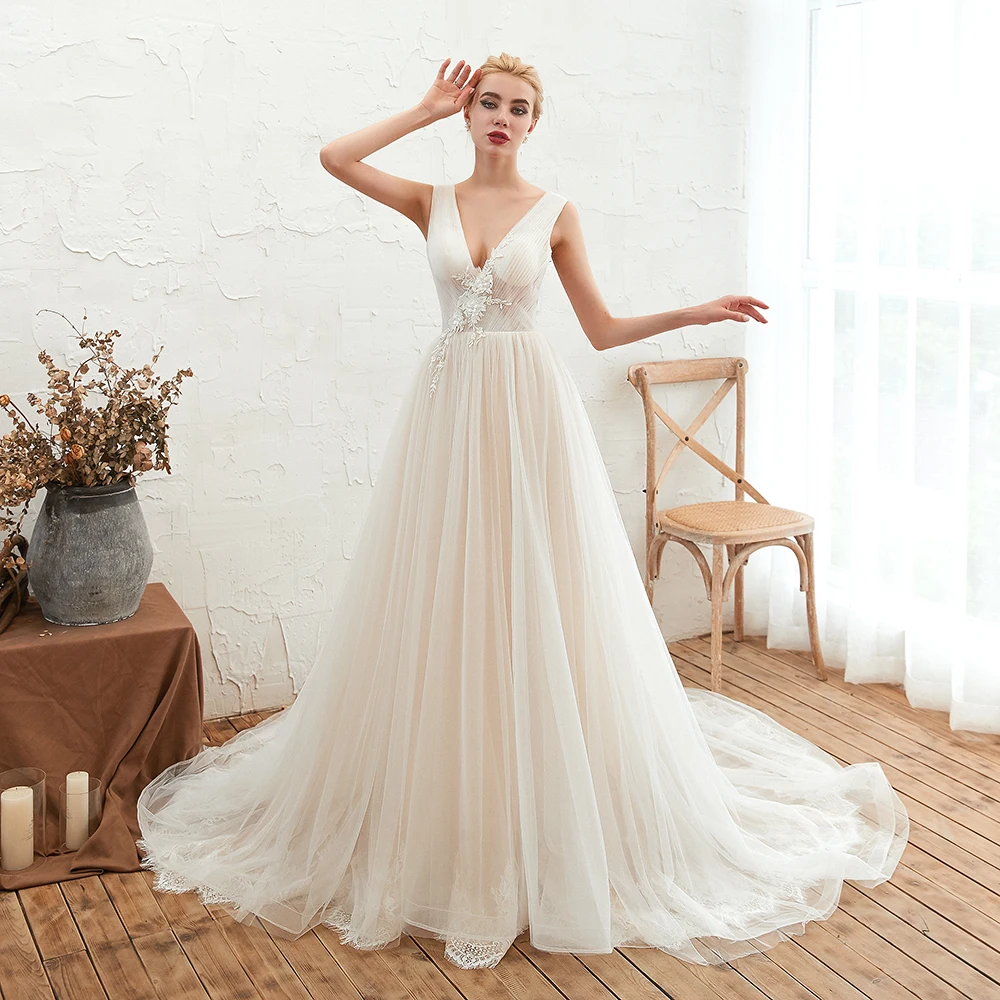 Boho Vestidos de Noiva para Mulheres 2022 Sexy com Decote em V Uma Linha de Tule de Renda 3D Flor Formal Bohemia Vestido de Noiva
