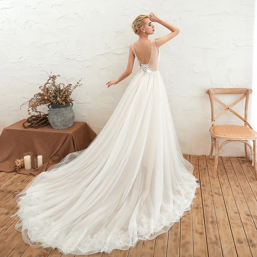 Boho Vestidos de Noiva para Mulheres 2022 Sexy com Decote em V Uma Linha de Tule de Renda 3D Flor Formal Bohemia Vestido de Noiva
