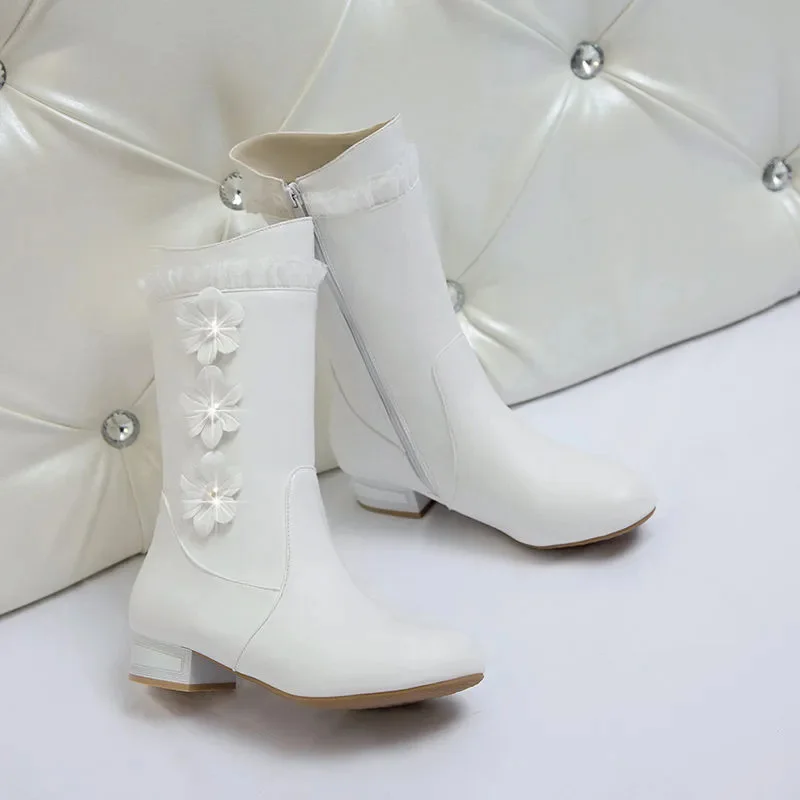 Botas Femininas Mulheres da Moda Branco de Couro de Patente Dedo do pé Redondo Plus Size Floral Praça Calcanhar Botas para o Outono Inverno de Calçados C671