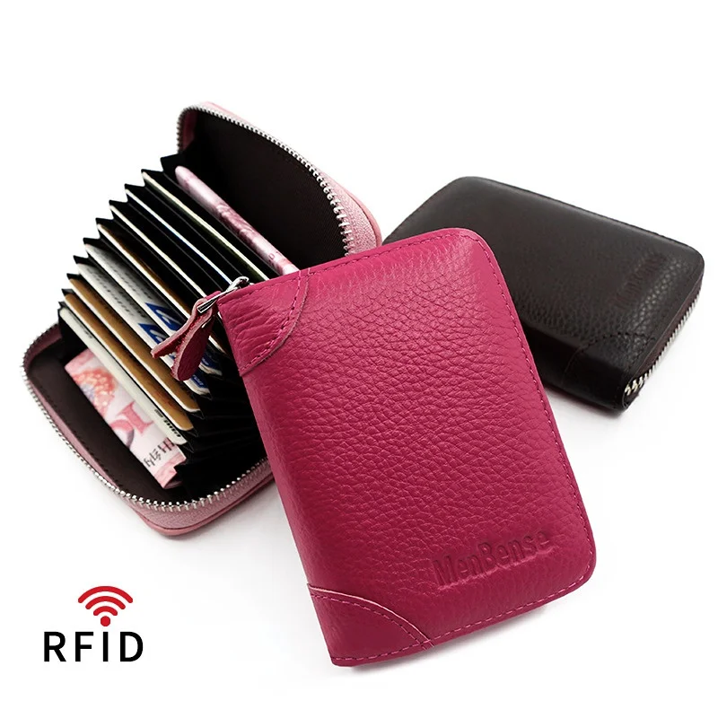 Couro genuíno vertical simples, multi-cor órgão cartão de saco mulheres homens usam a luva anti-magnético rfid zíper carteira