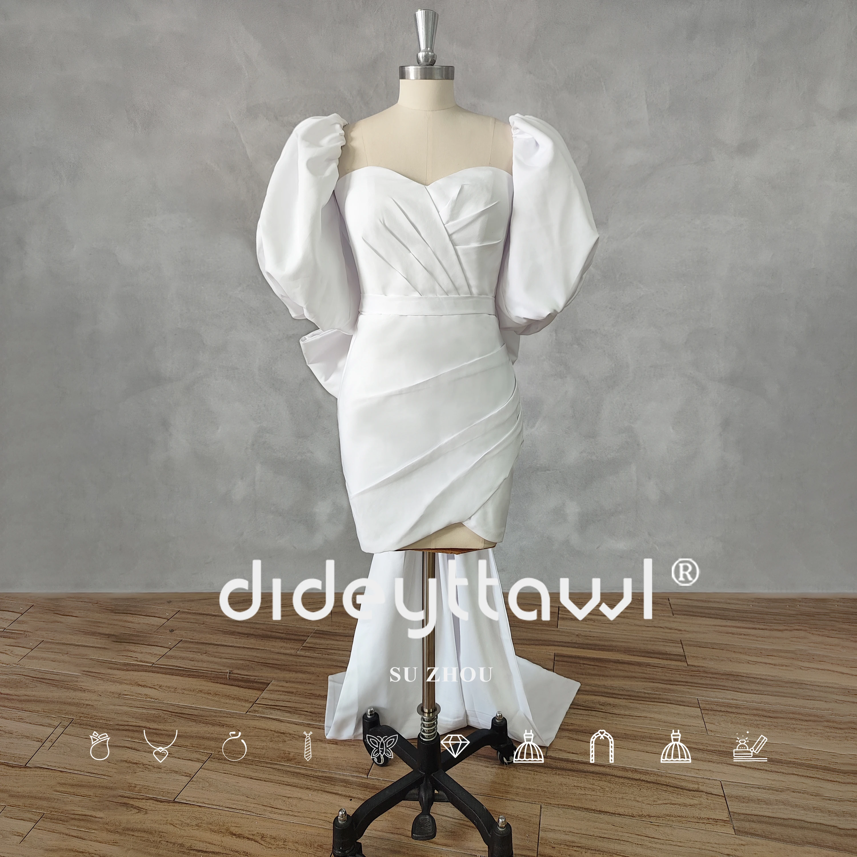 DIDEYTTAWL Imagem Real Querida Mangas Puff Pregas Vestido de Noiva Curto Arco Bainha Acima do Joelho Mini Vestido de Noiva Feito