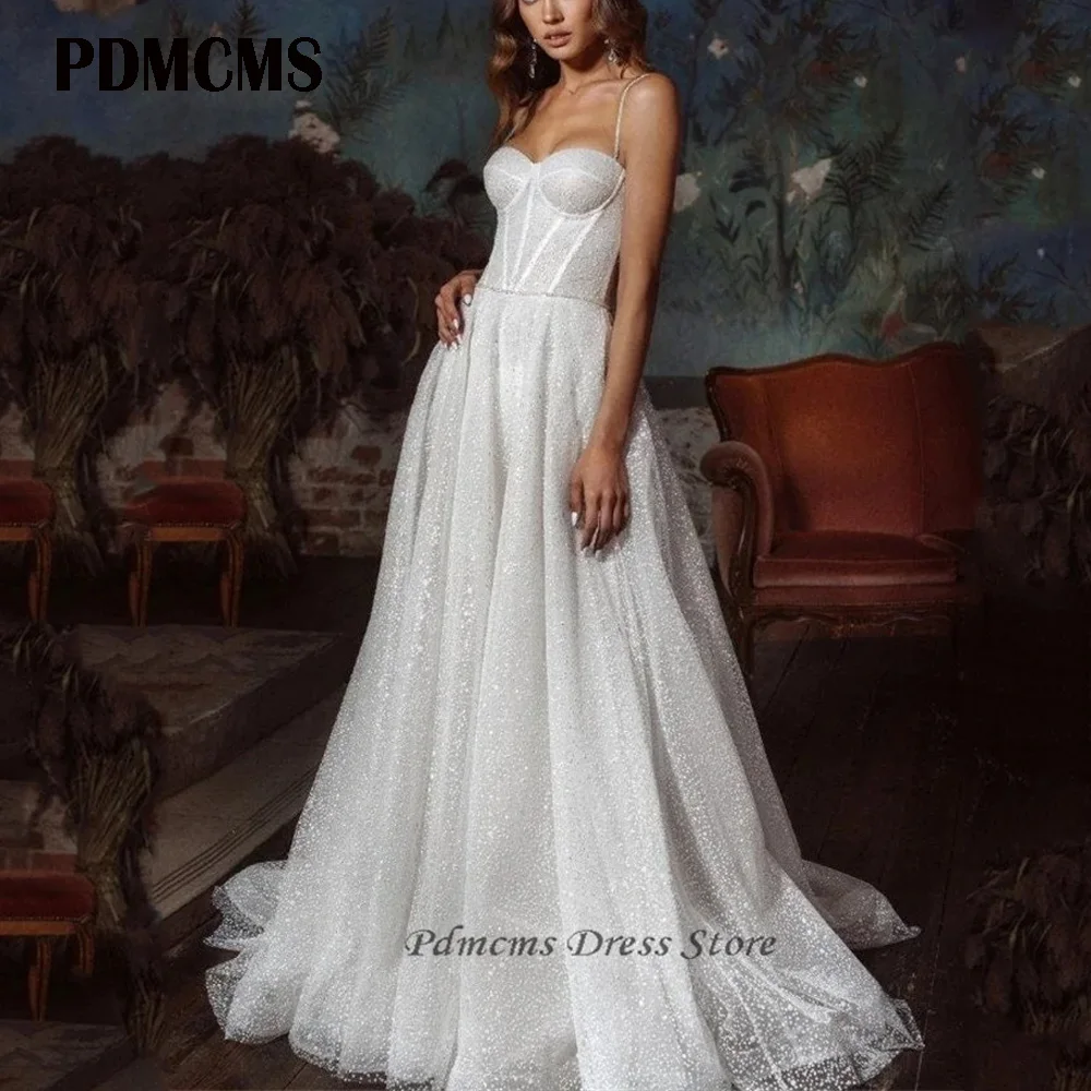 PDMCMS Espumante com Alças finas, Vestidos de Noiva Querida Glitter Princesa Vestido de Noiva Elegante Dubai, Uma Linha de Vestidos de Noite