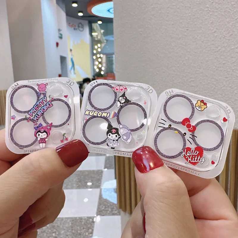 Para O IPhone 13 14 Mini Plus 15 Pro Max Moda Diamante Metal Câmera Protetor De Vidro De Protecção De Desenhos Animados Sanrio Kitty Melodia Kuromi