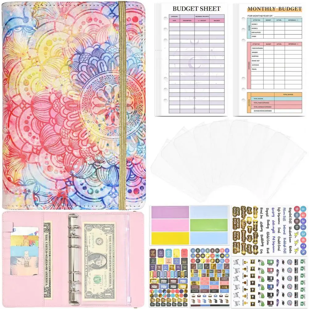 Planejador de Notebook Flor Impresso A6 Fichário Elegante Multi-propósito Notebook com Zíper Envelopes de Dinheiro, Cartões de Poupança