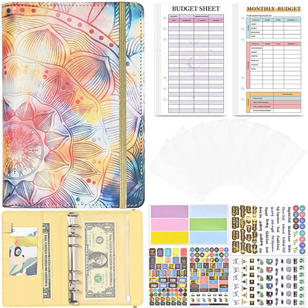 Planejador de Notebook Flor Impresso A6 Fichário Elegante Multi-propósito Notebook com Zíper Envelopes de Dinheiro, Cartões de Poupança