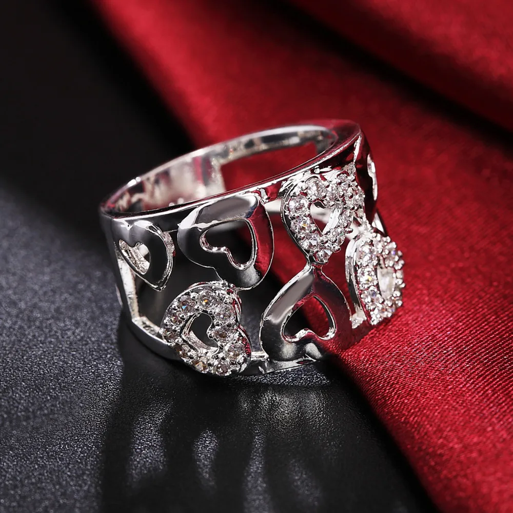 Quente 925 Prata Esterlina ampla multa coração de cristal de Anéis Para as Mulheres a Moda Festa de casamento de luxo, Jóias Charme Presentes de Natal