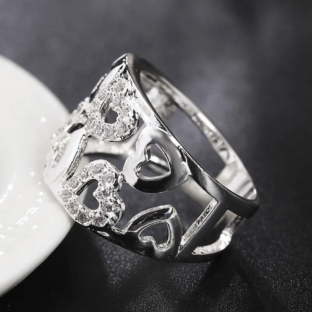 Quente 925 Prata Esterlina ampla multa coração de cristal de Anéis Para as Mulheres a Moda Festa de casamento de luxo, Jóias Charme Presentes de Natal