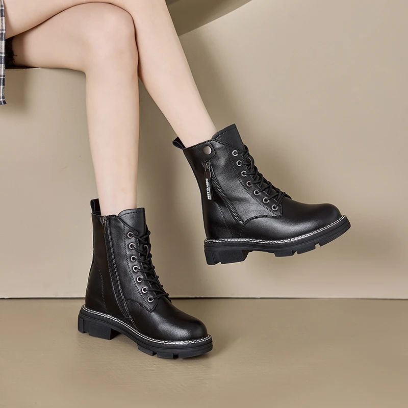 Robusta Plataforma de Botas de Senhoras de Salto Alto Preto Autêntica Sapatos de Couro para Mulheres 2023 Cep Luxo Designer de Pele do Tornozelo Botas Femininas