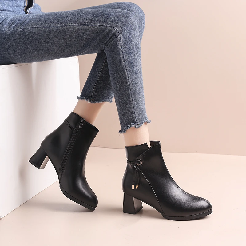 Sapatos para as Mulheres 2023 Alta Qualidade de Mulheres Botas de Tornozelo Moderno Botas de Mulheres Sólida do Lado do Laço Zip Chunky Calcanhar Sapatos Mulheres Zapatos