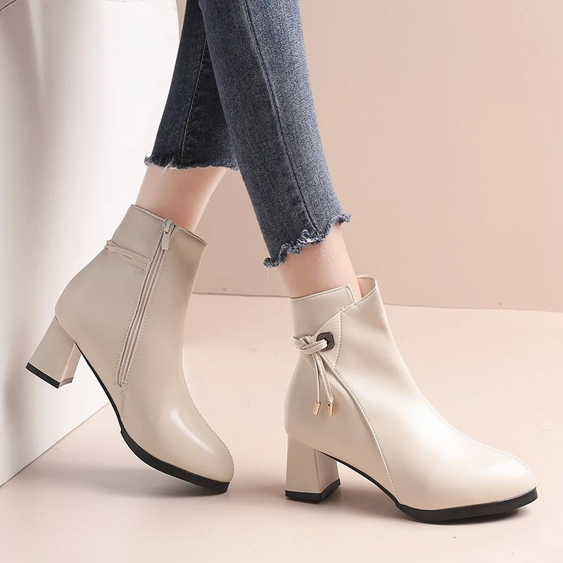 Sapatos para as Mulheres 2023 Alta Qualidade de Mulheres Botas de Tornozelo Moderno Botas de Mulheres Sólida do Lado do Laço Zip Chunky Calcanhar Sapatos Mulheres Zapatos