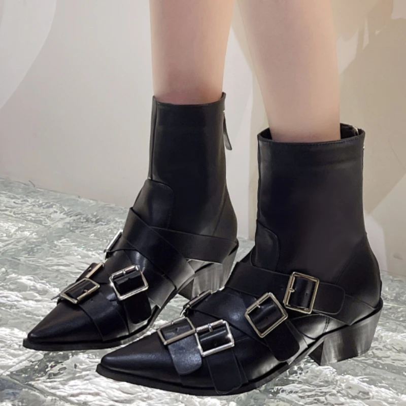 Sapatos para as Mulheres 2023 Novo Outono Meados de Bezerro Botas femininas de Cor Sólida Apontou Toe Zíper Uma Palavra Fivela de salto Baixo e Botas de Moda