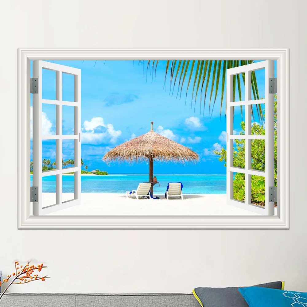 Verde e céu azul, praia de pastagem janela de visualização 3D, exibição de cartaz de arte de parede para sala de estar adesivo de parede pôster e impressão de sala de estar