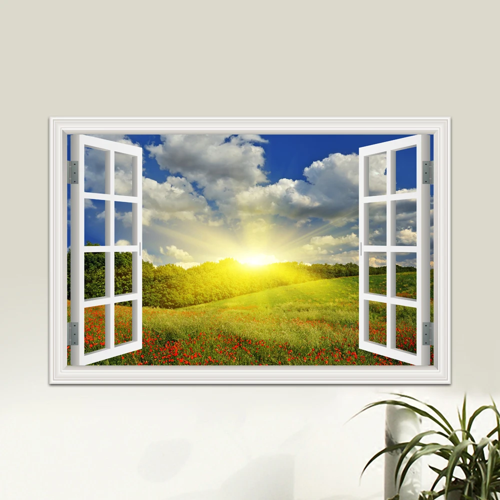 Verde e céu azul, praia de pastagem janela de visualização 3D, exibição de cartaz de arte de parede para sala de estar adesivo de parede pôster e impressão de sala de estar